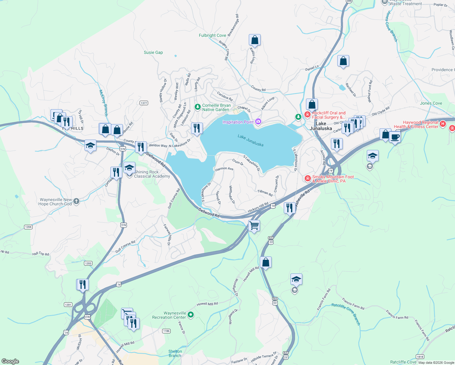 map of restaurants, bars, coffee shops, grocery stores, and more near 323 Methodist Dr in Lake Junaluska