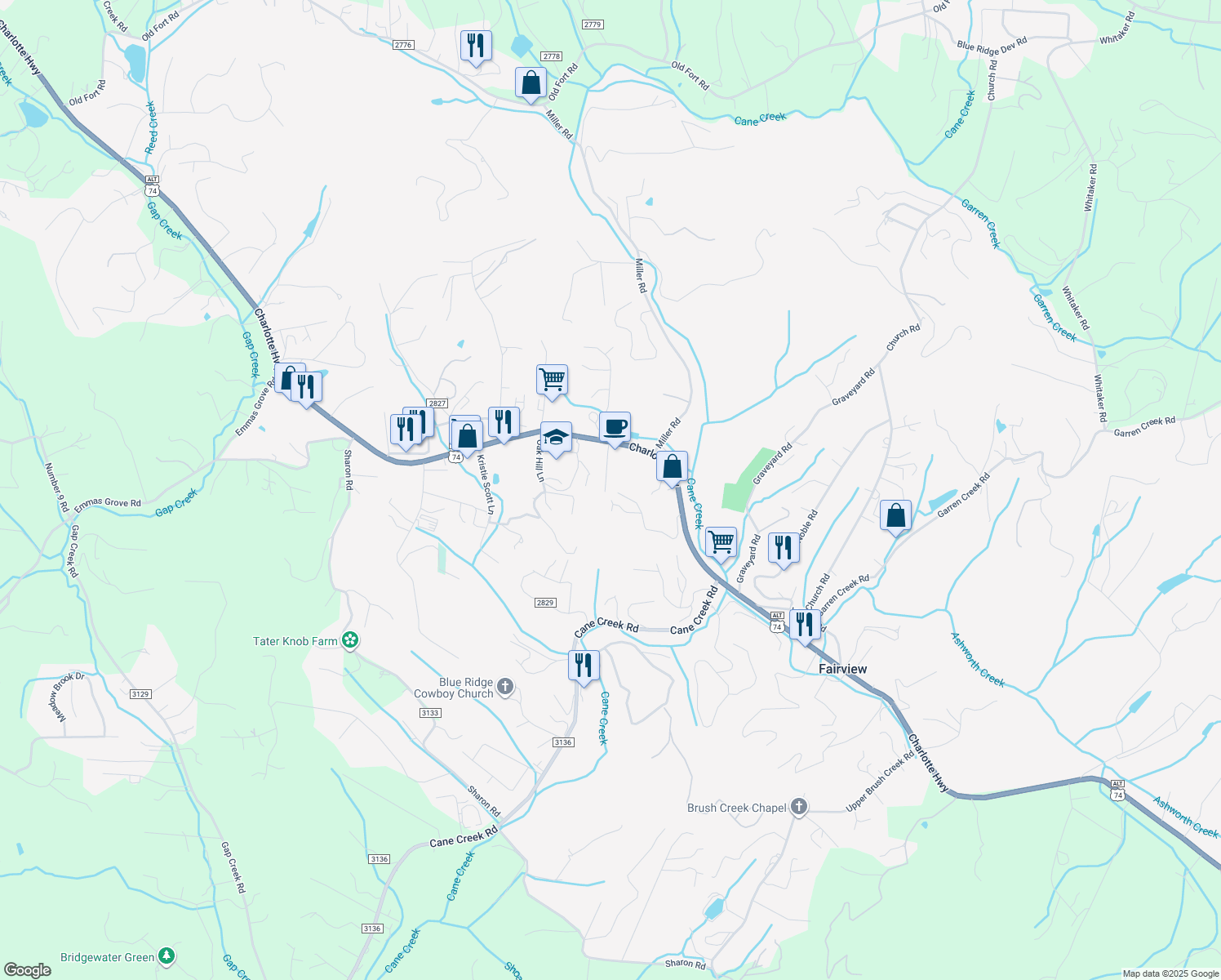 map of restaurants, bars, coffee shops, grocery stores, and more near 14 Priscilla Lane in Fairview