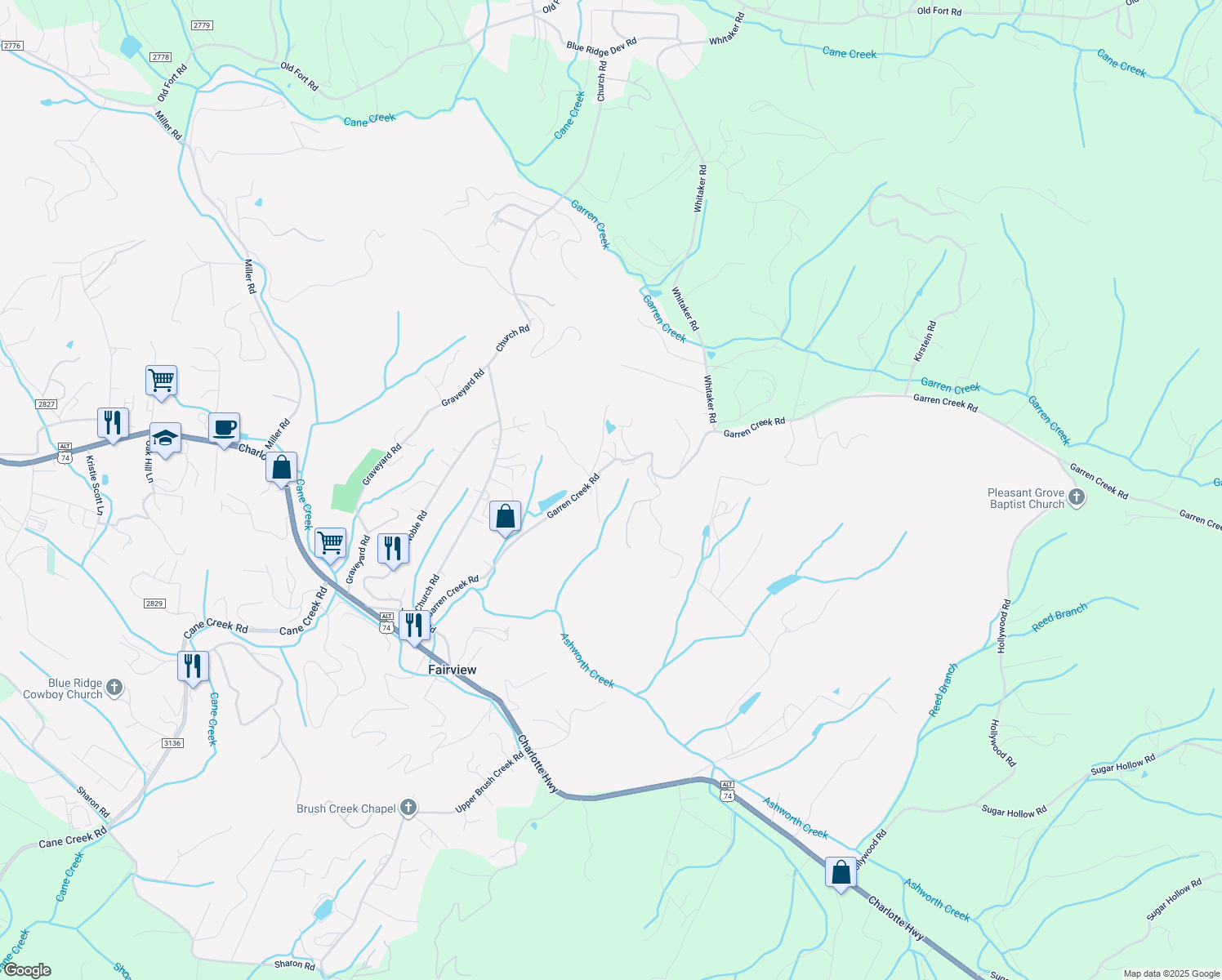 map of restaurants, bars, coffee shops, grocery stores, and more near 99999 Garren Creek Road in Fairview