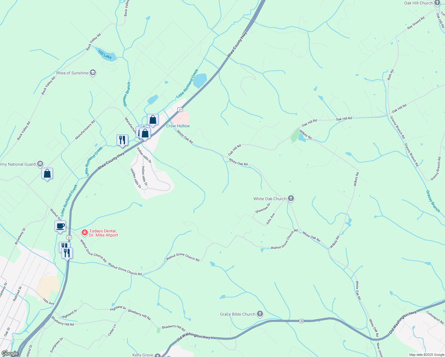 map of restaurants, bars, coffee shops, grocery stores, and more near 692 White Oak Rd in Dayton