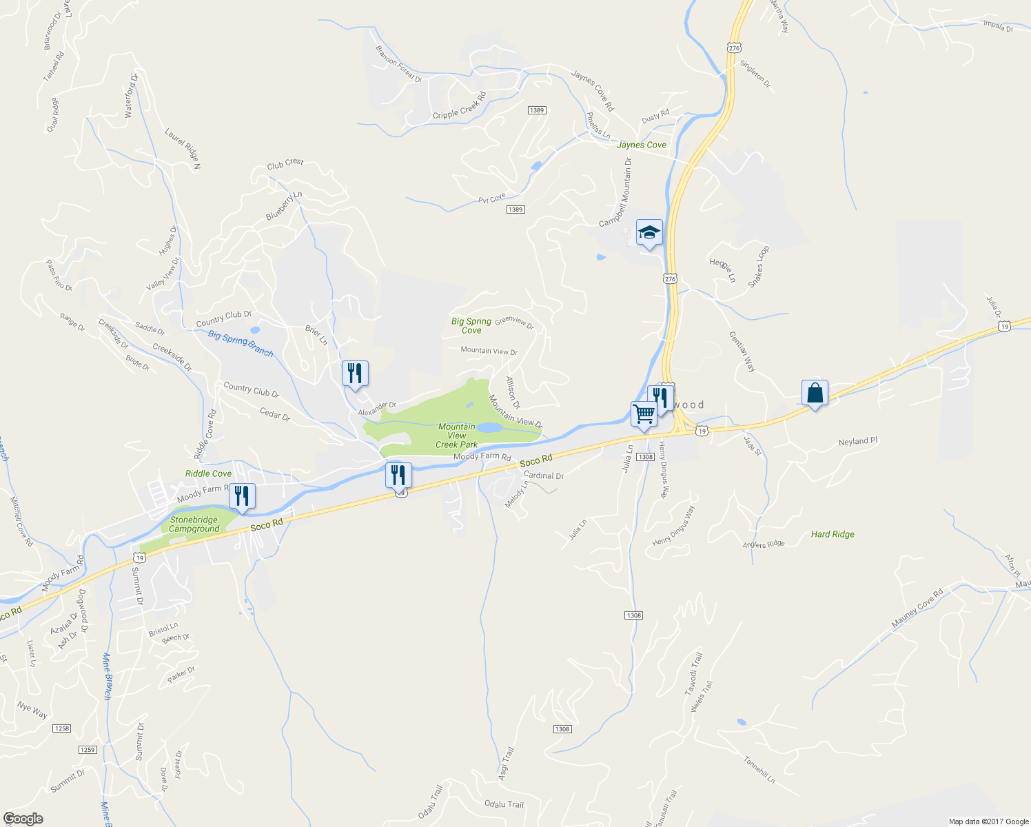map of restaurants, bars, coffee shops, grocery stores, and more near 448 Mountain View Drive in Maggie Valley
