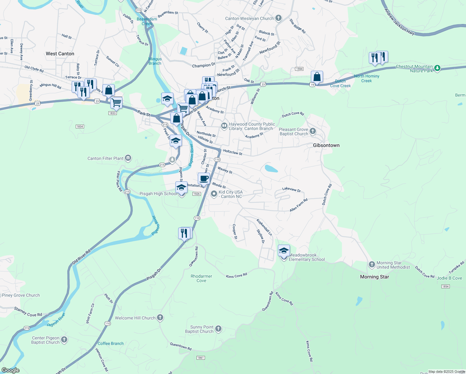 map of restaurants, bars, coffee shops, grocery stores, and more near 76 Poplar Street in Canton