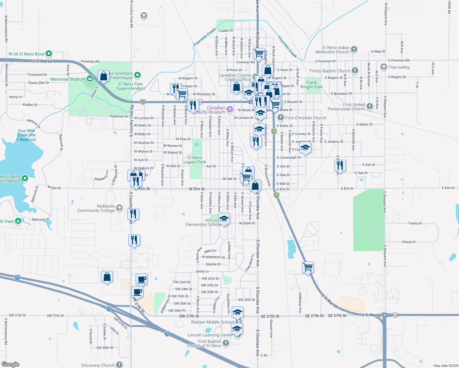 map of restaurants, bars, coffee shops, grocery stores, and more near 915 South Miles Avenue in El Reno