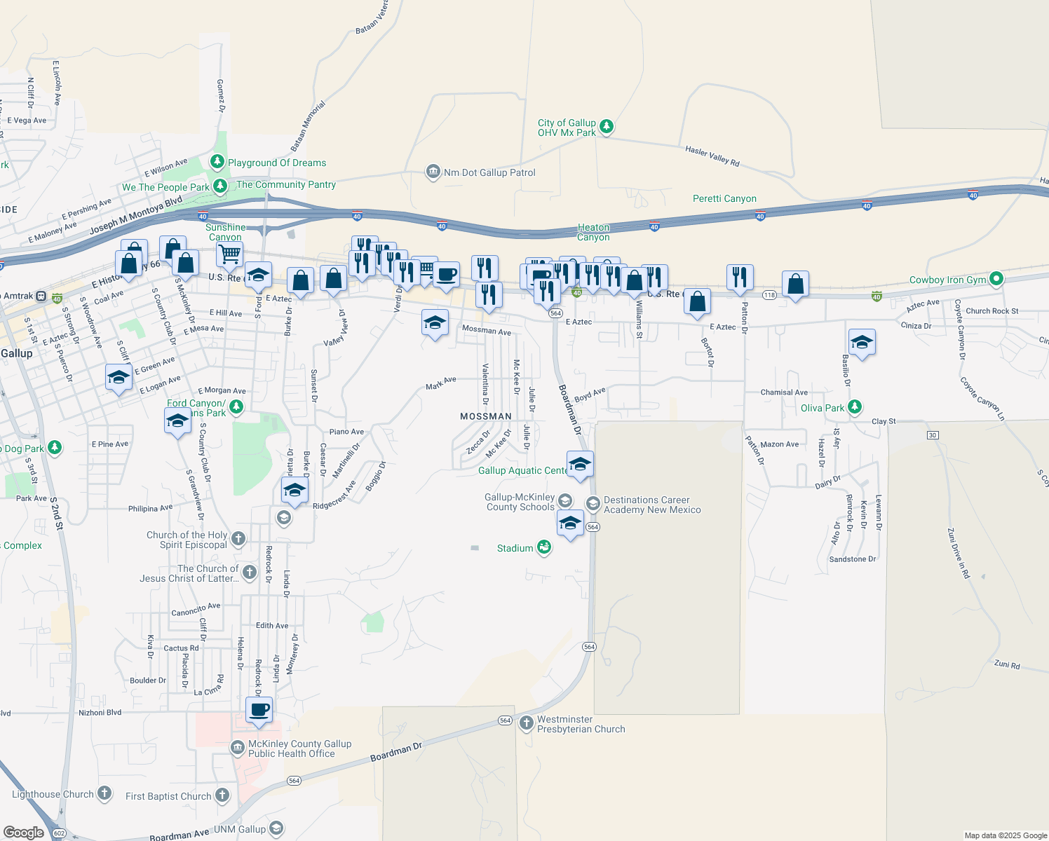 map of restaurants, bars, coffee shops, grocery stores, and more near 2142 Boyd Ave in Gallup