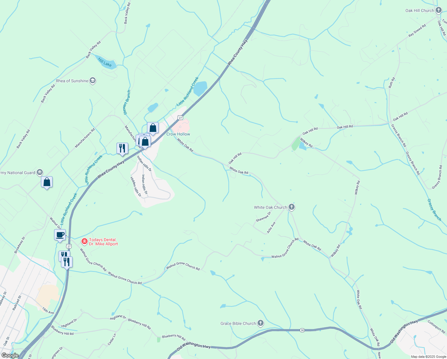 map of restaurants, bars, coffee shops, grocery stores, and more near 692 White Oak Road in Dayton