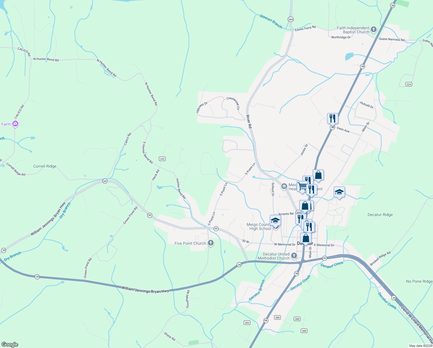 map of restaurants, bars, coffee shops, grocery stores, and more near 6 Sunrise Ln in Decatur