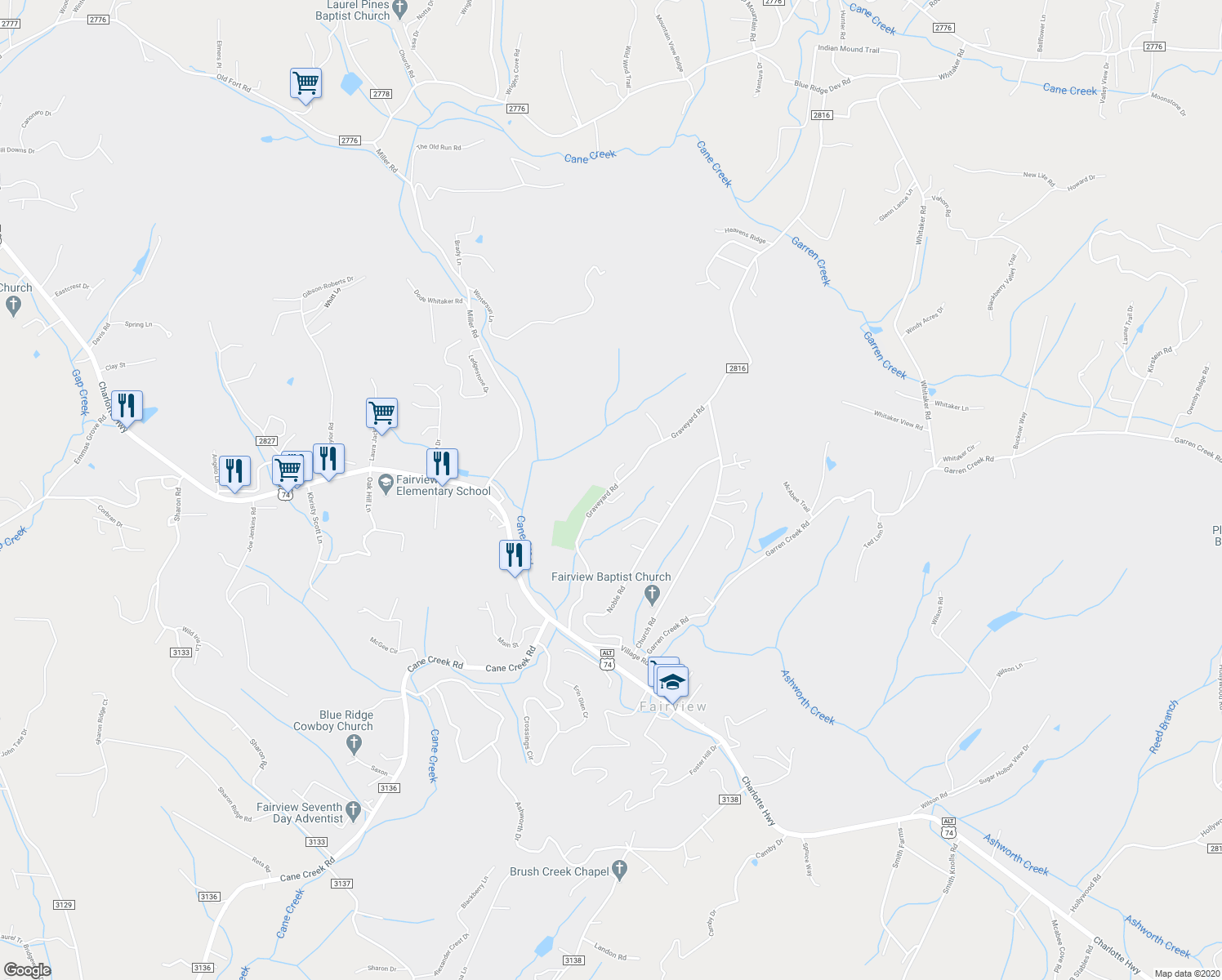 map of restaurants, bars, coffee shops, grocery stores, and more near Graveyard Road in Fairview