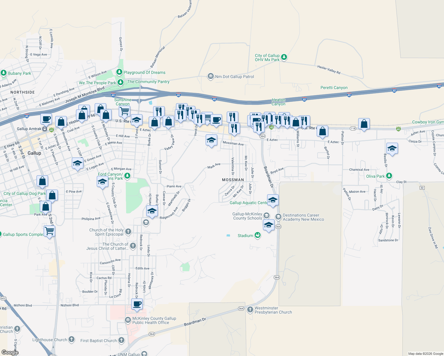 map of restaurants, bars, coffee shops, grocery stores, and more near 1917 Meritt Ln in Gallup