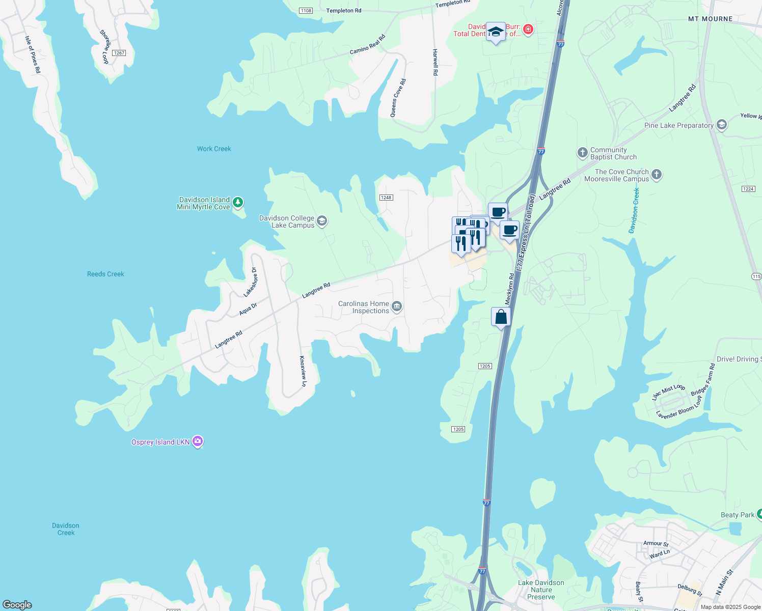 map of restaurants, bars, coffee shops, grocery stores, and more near 168 Southhaven Drive in Mooresville