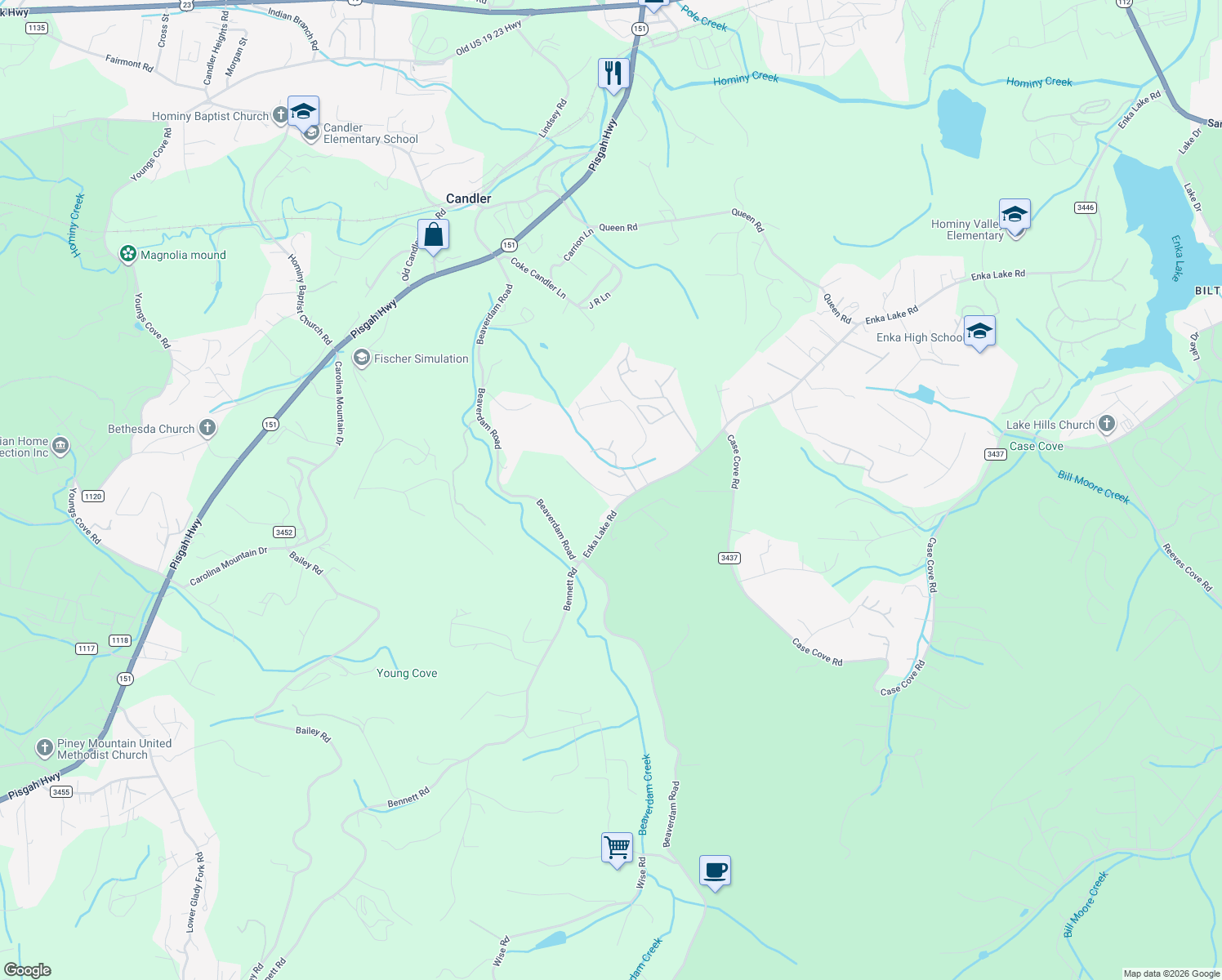 map of restaurants, bars, coffee shops, grocery stores, and more near 12 Grassy Meadow Drive in Candler