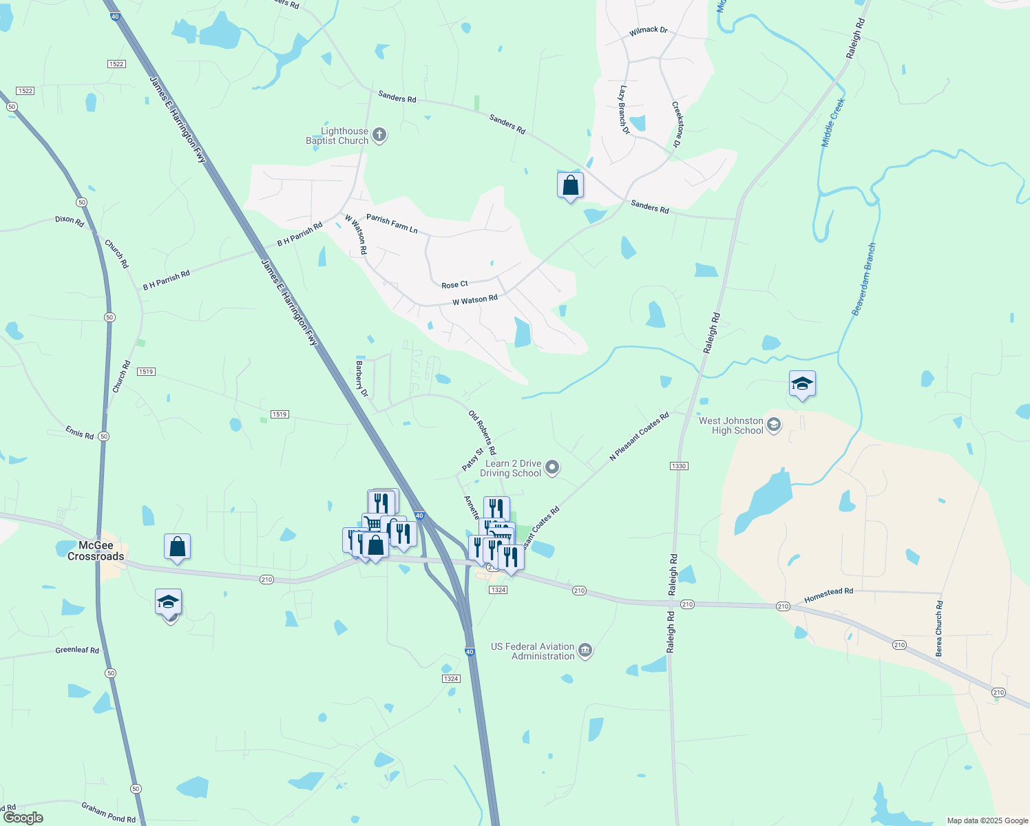 map of restaurants, bars, coffee shops, grocery stores, and more near 311 South Trace Drive in Benson