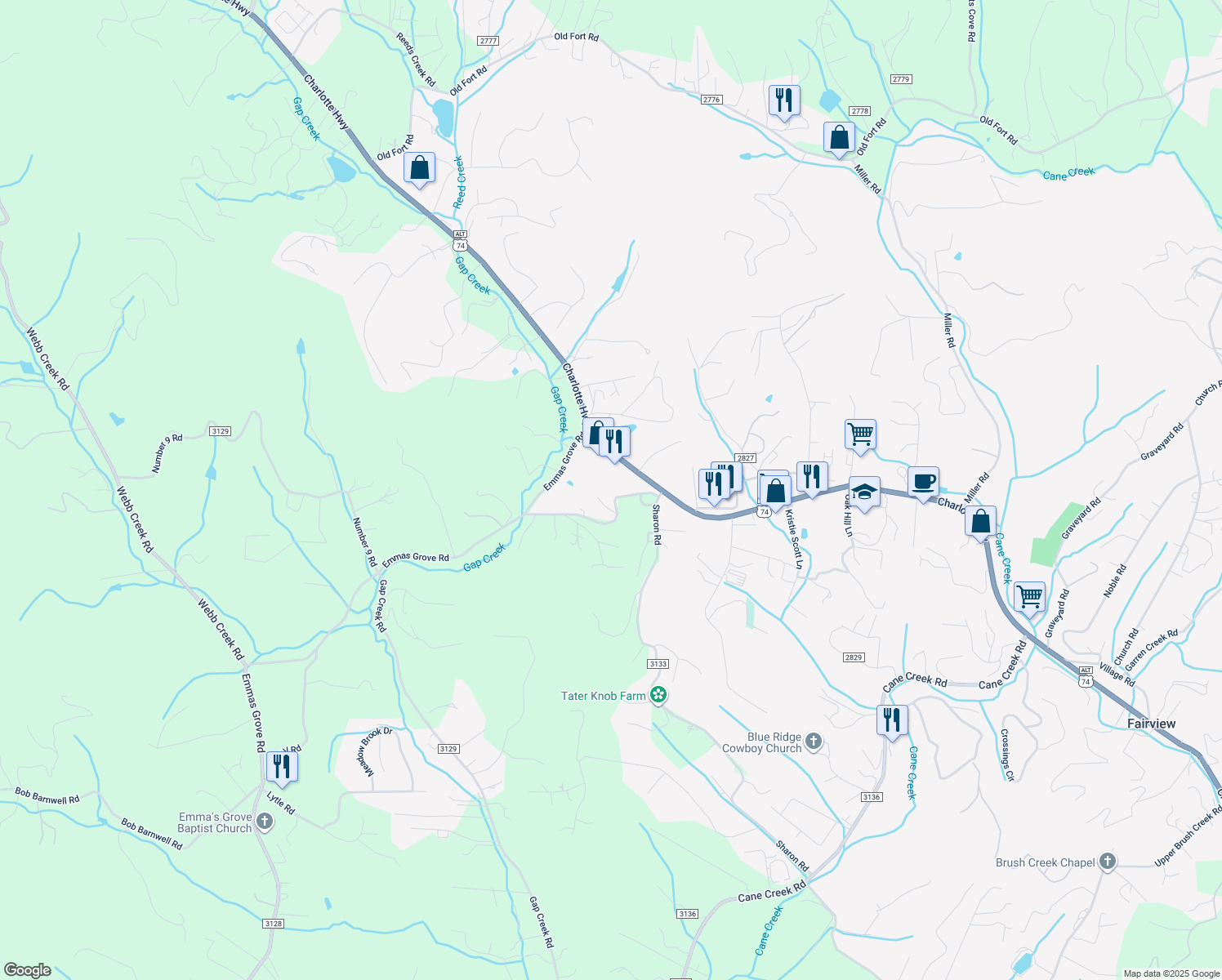 map of restaurants, bars, coffee shops, grocery stores, and more near 25 Old Gap Creek Road in Fairview