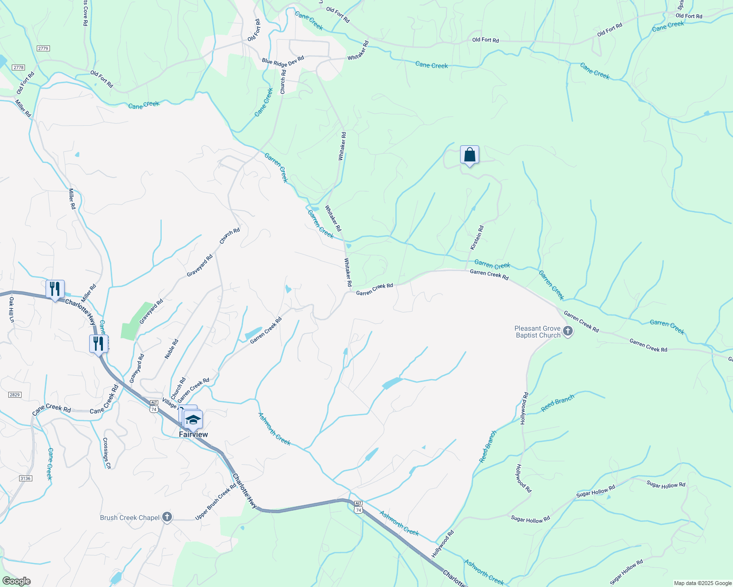 map of restaurants, bars, coffee shops, grocery stores, and more near Garren Creek Road in Fairview