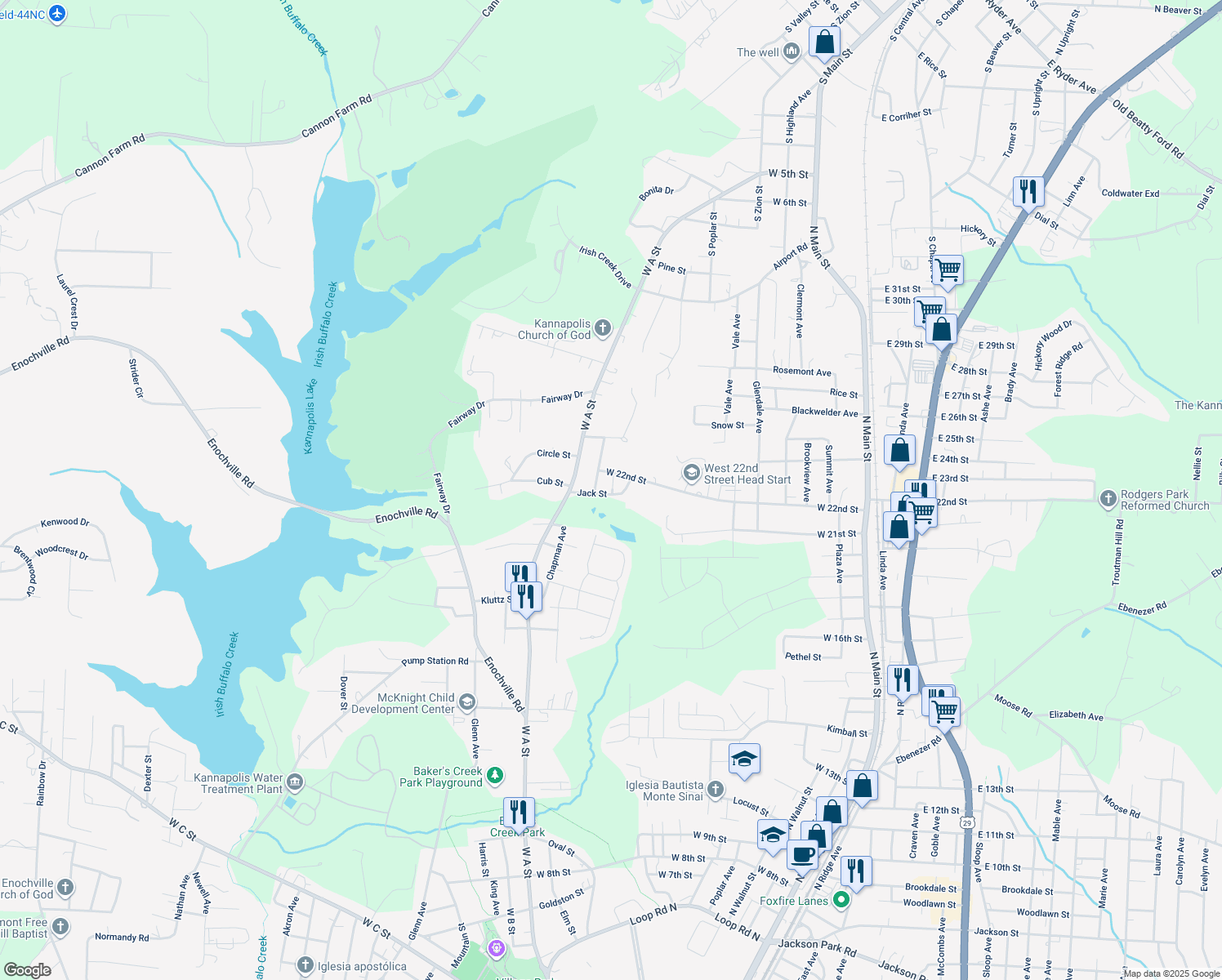 map of restaurants, bars, coffee shops, grocery stores, and more near 2120 Strickland Ct in Kannapolis