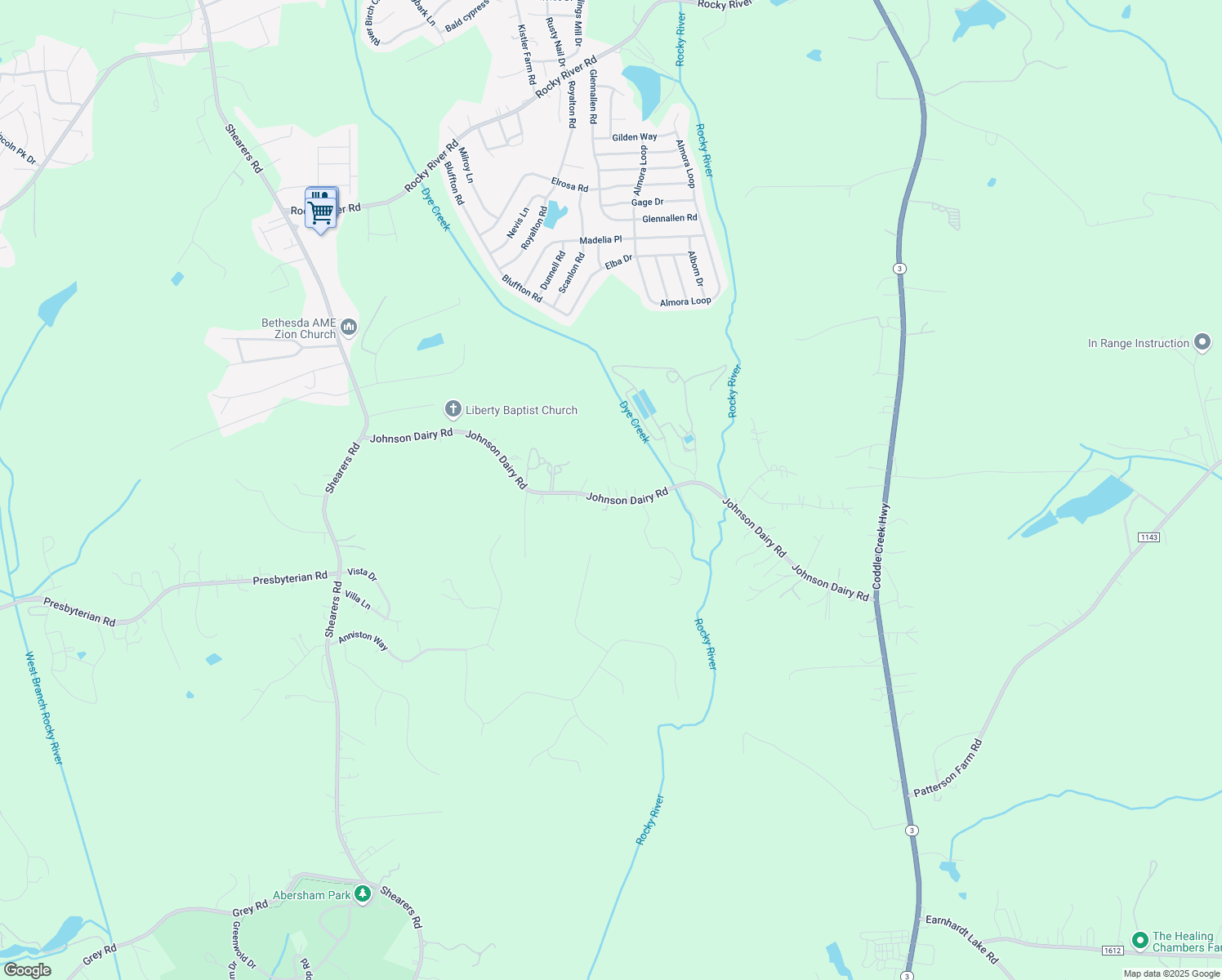 map of restaurants, bars, coffee shops, grocery stores, and more near 303 Johnson Dairy Road in Mooresville