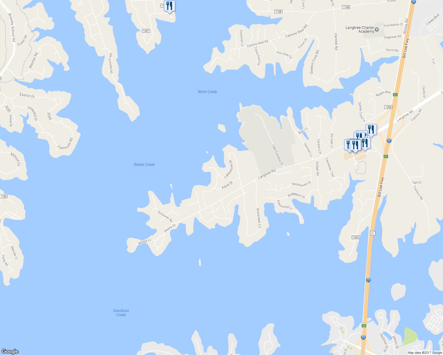 map of restaurants, bars, coffee shops, grocery stores, and more near Lakeshore Drive in Mooresville