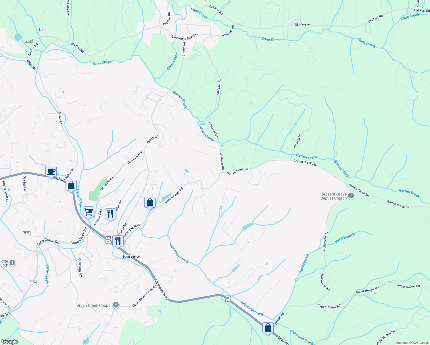 map of restaurants, bars, coffee shops, grocery stores, and more near 234 Garren Creek Road in Fairview
