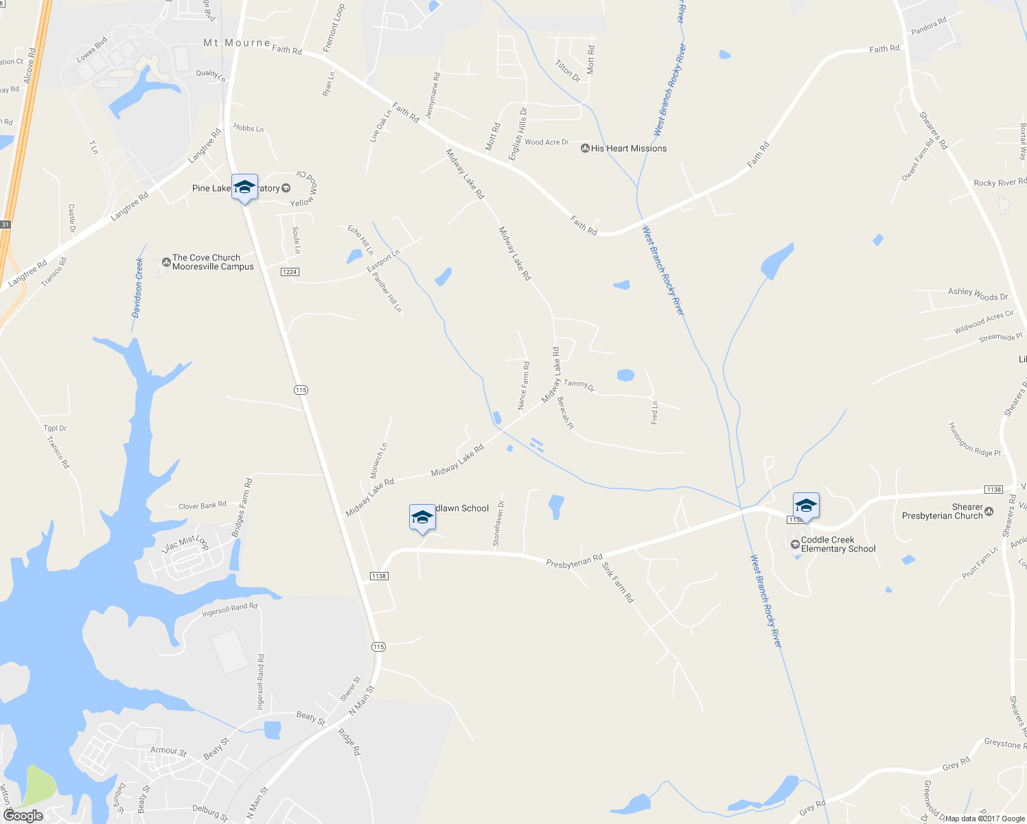 map of restaurants, bars, coffee shops, grocery stores, and more near 390 Midway Lake Road in Mooresville
