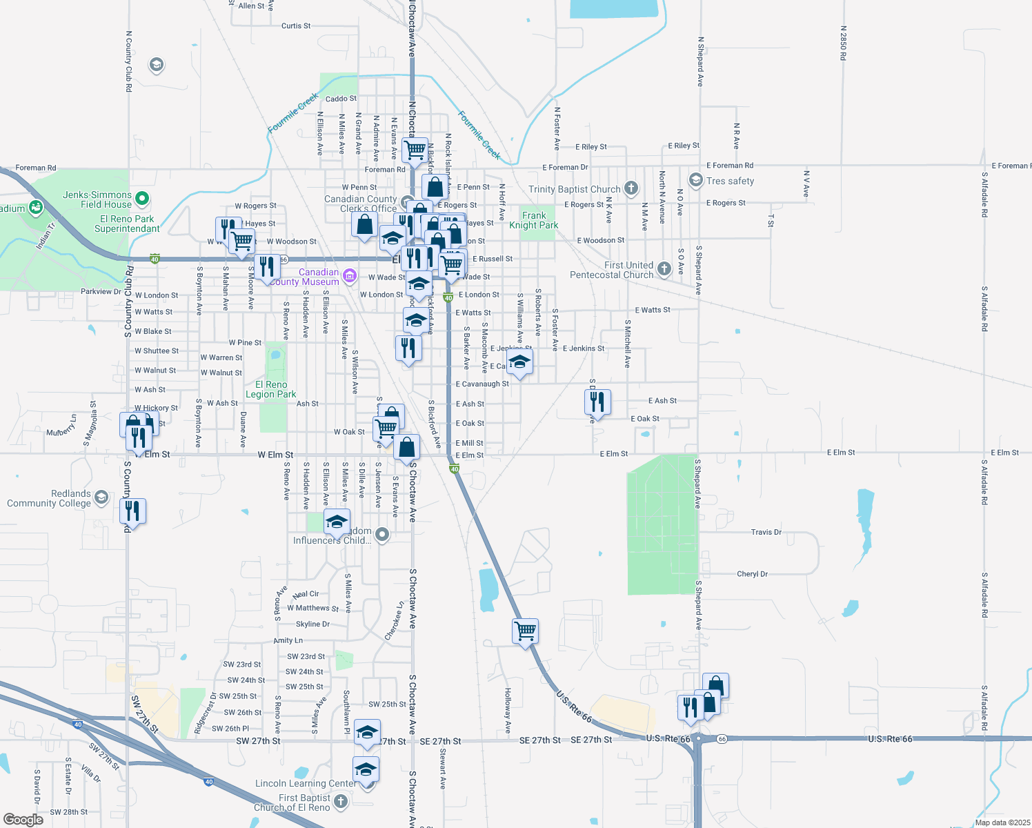 map of restaurants, bars, coffee shops, grocery stores, and more near 1012 South Williams Avenue in El Reno