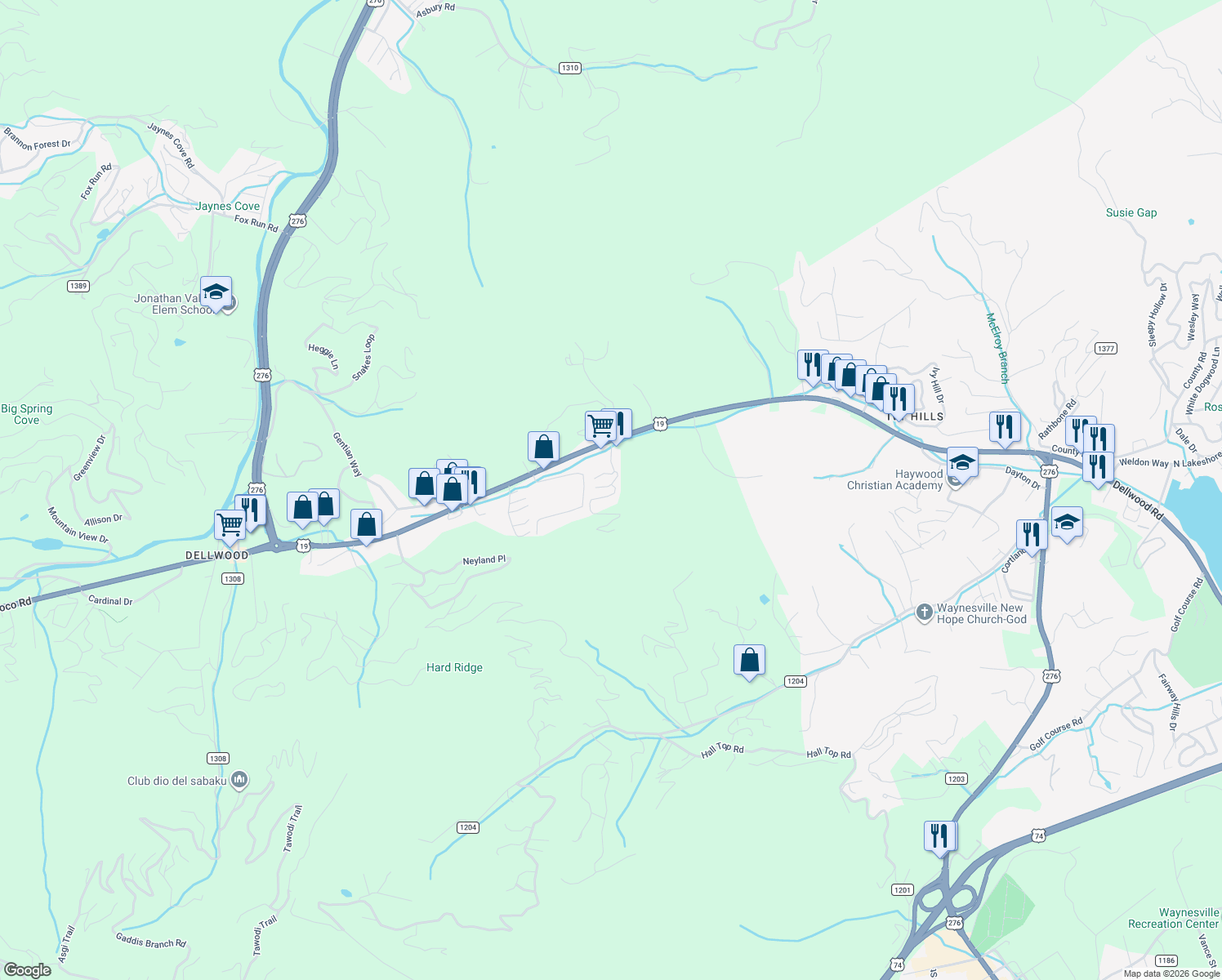map of restaurants, bars, coffee shops, grocery stores, and more near 15 Destination Drive in Waynesville