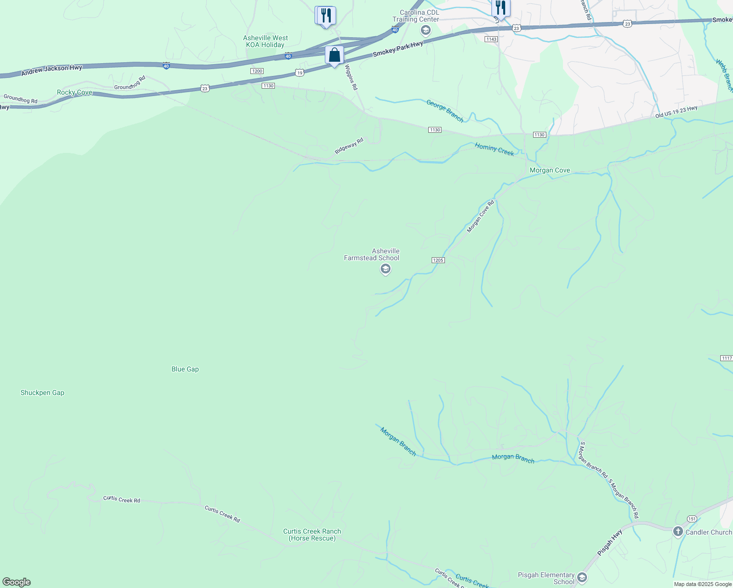 map of restaurants, bars, coffee shops, grocery stores, and more near 222 Morgan Cove Road in Candler