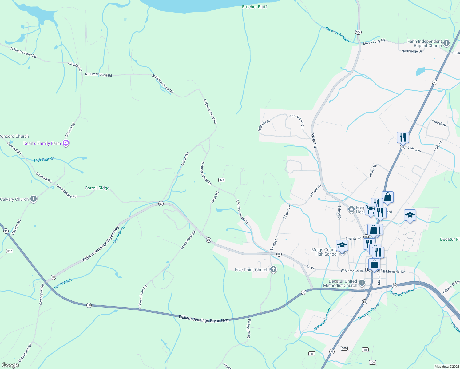 map of restaurants, bars, coffee shops, grocery stores, and more near 206 Amber Trail in Decatur