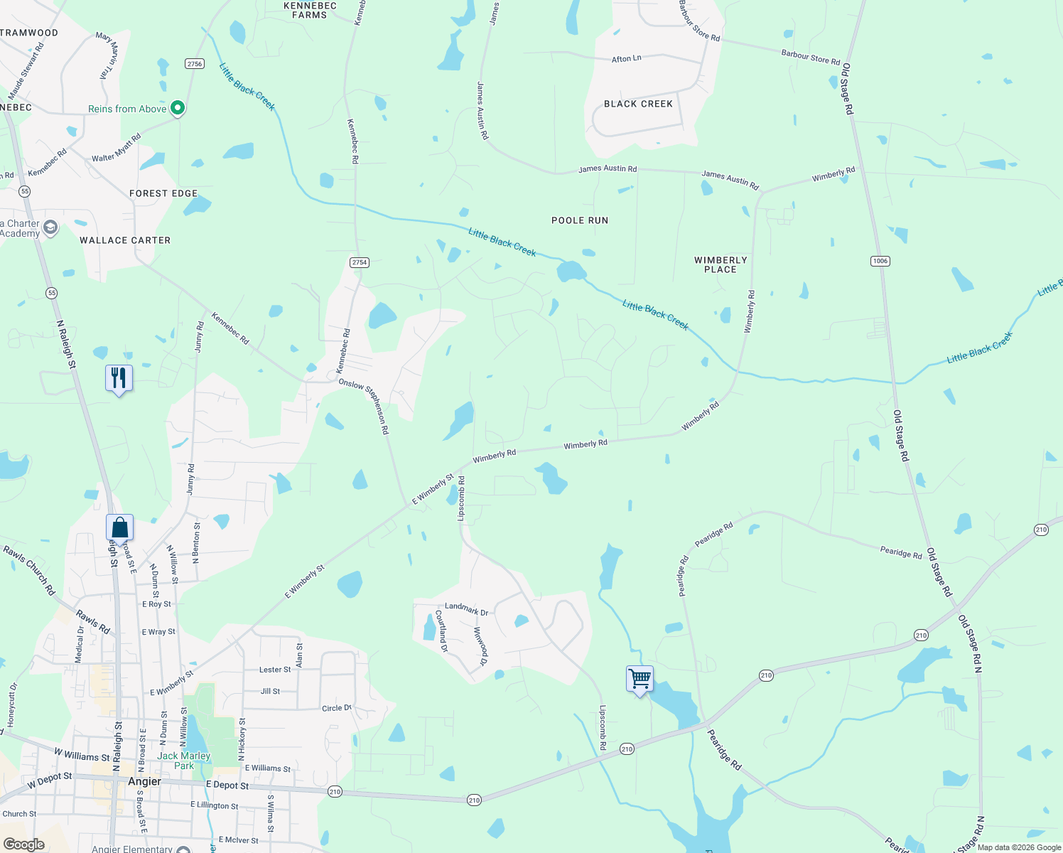 map of restaurants, bars, coffee shops, grocery stores, and more near 6844 Wimberly Road in Wake County