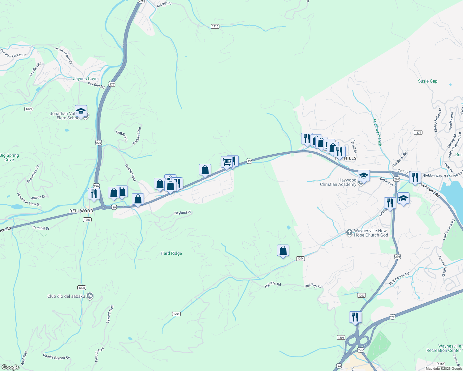 map of restaurants, bars, coffee shops, grocery stores, and more near 15 Destination Drive in Waynesville