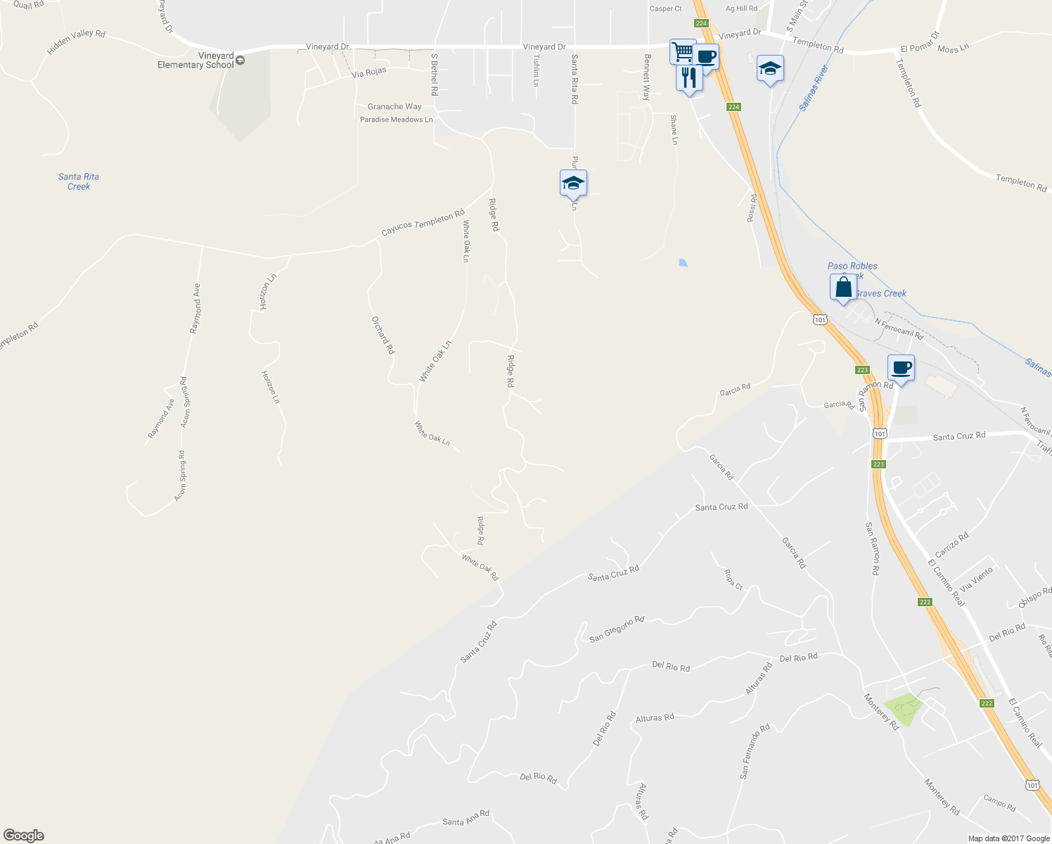 map of restaurants, bars, coffee shops, grocery stores, and more near 2865 Ridge Road in Templeton