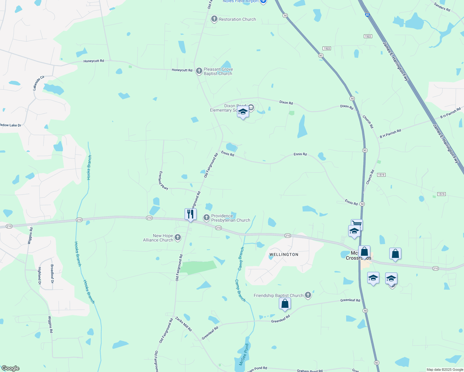 map of restaurants, bars, coffee shops, grocery stores, and more near 241 Bridle Drive in Angier