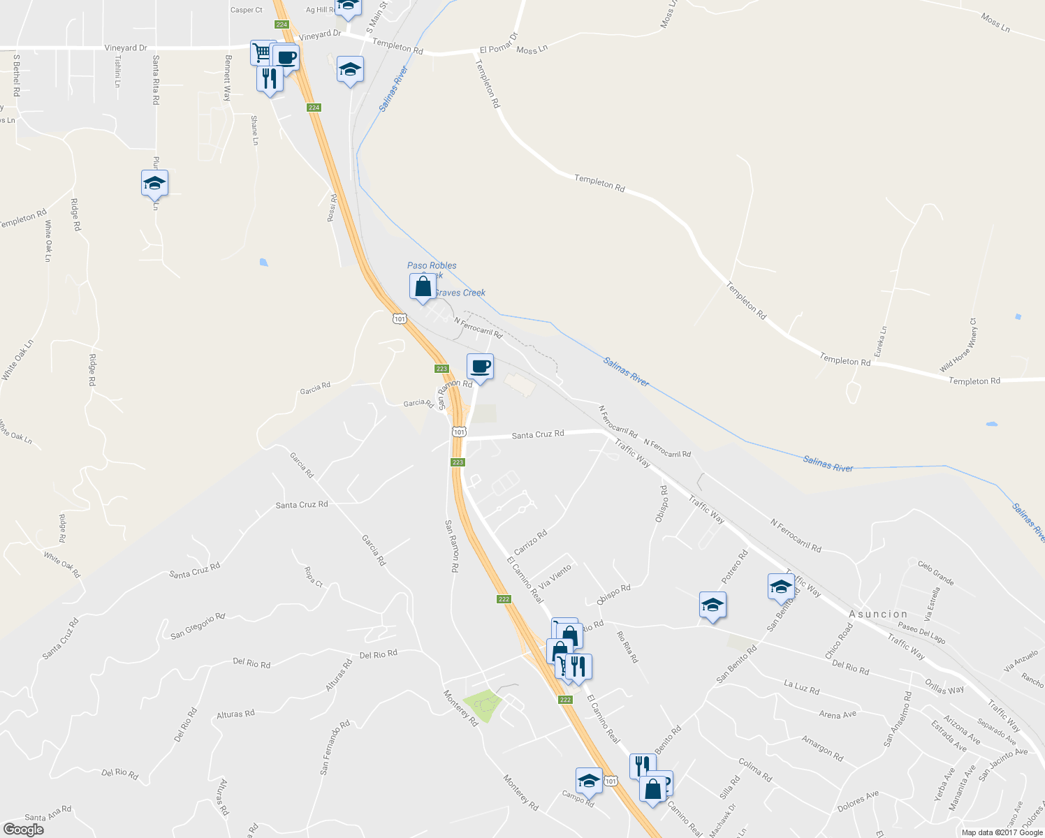 map of restaurants, bars, coffee shops, grocery stores, and more near 5000 Santa Cruz Road in Atascadero