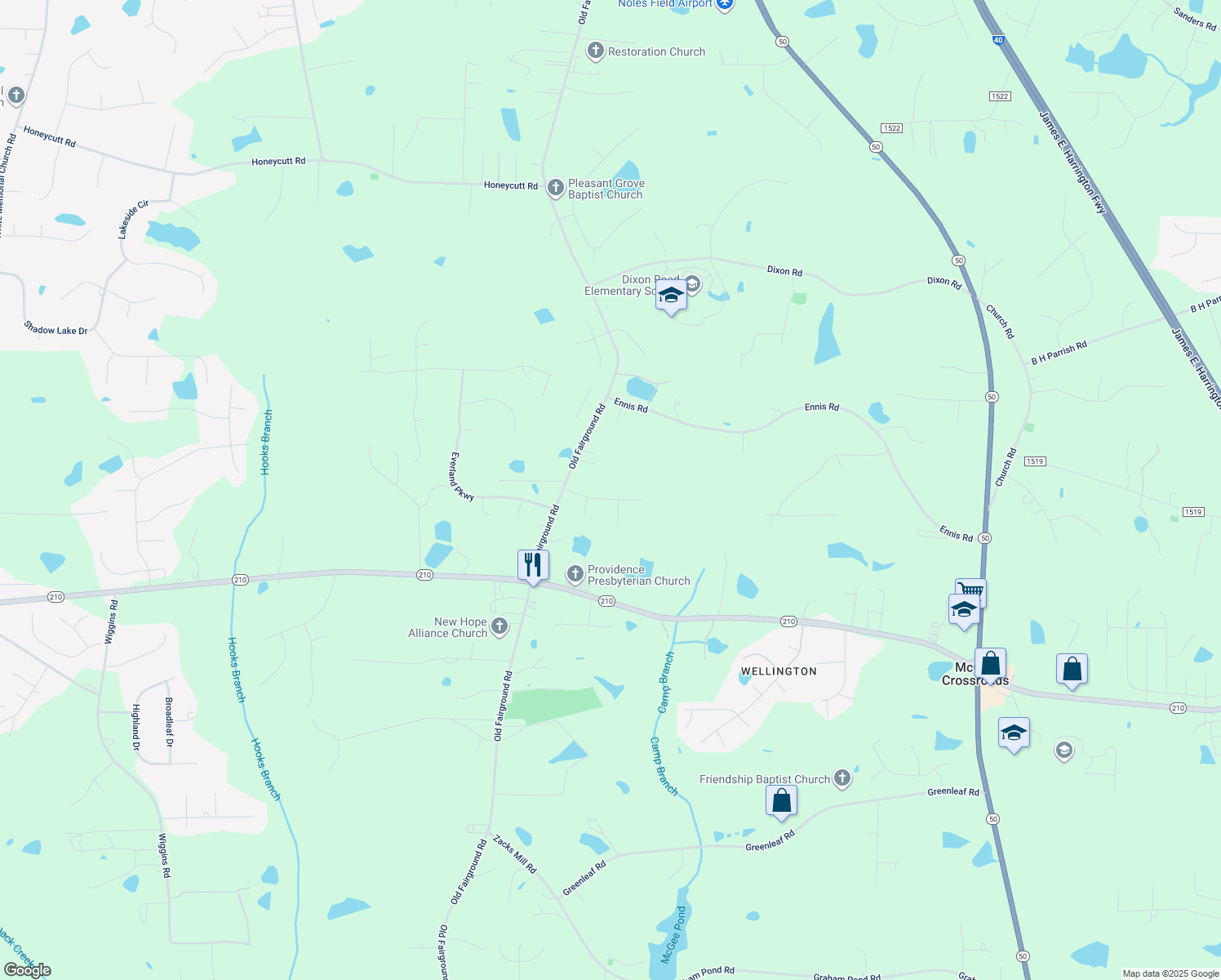 map of restaurants, bars, coffee shops, grocery stores, and more near 147 Bridle Dr in Angier