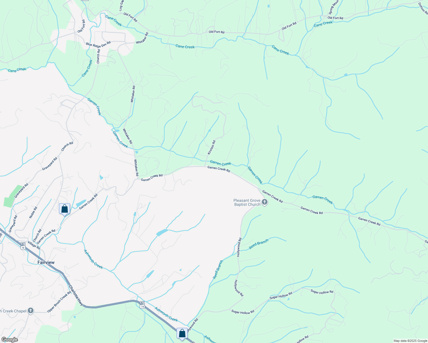 map of restaurants, bars, coffee shops, grocery stores, and more near Garren Creek Road in Fairview