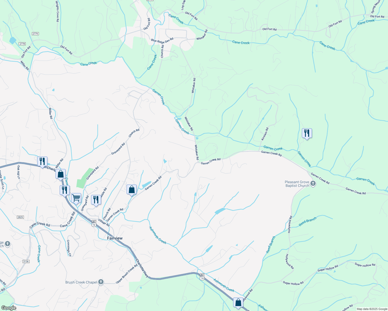 map of restaurants, bars, coffee shops, grocery stores, and more near 234 Garren Creek Road in Fairview