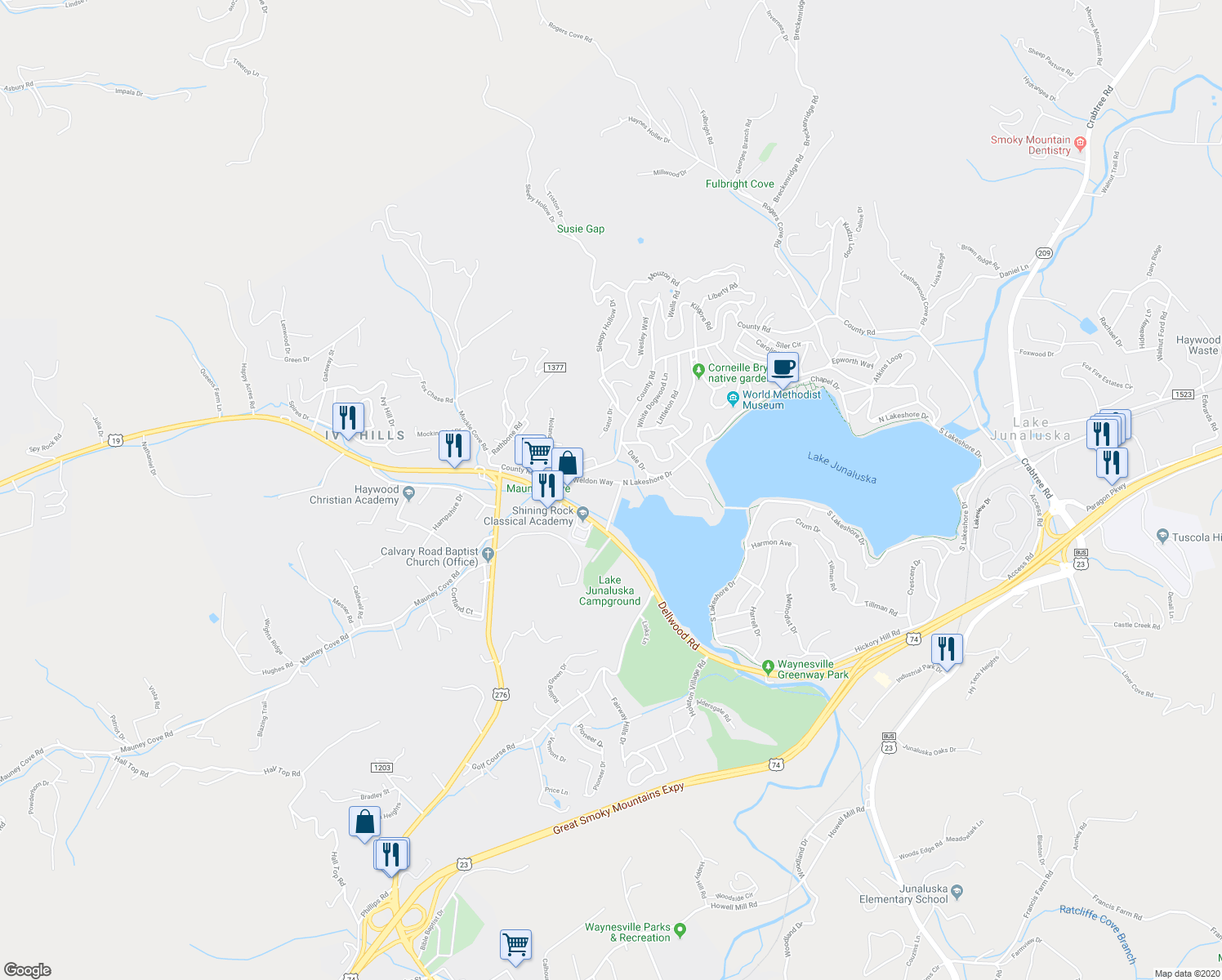 map of restaurants, bars, coffee shops, grocery stores, and more near 125 North Lakeshore Drive in Lake Junaluska