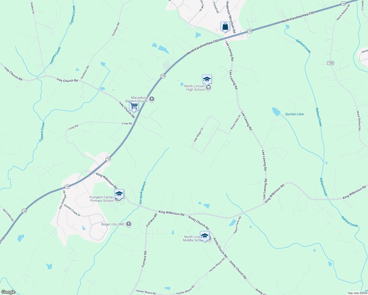 map of restaurants, bars, coffee shops, grocery stores, and more near 3262 Oak Ridge Circle in Lincolnton