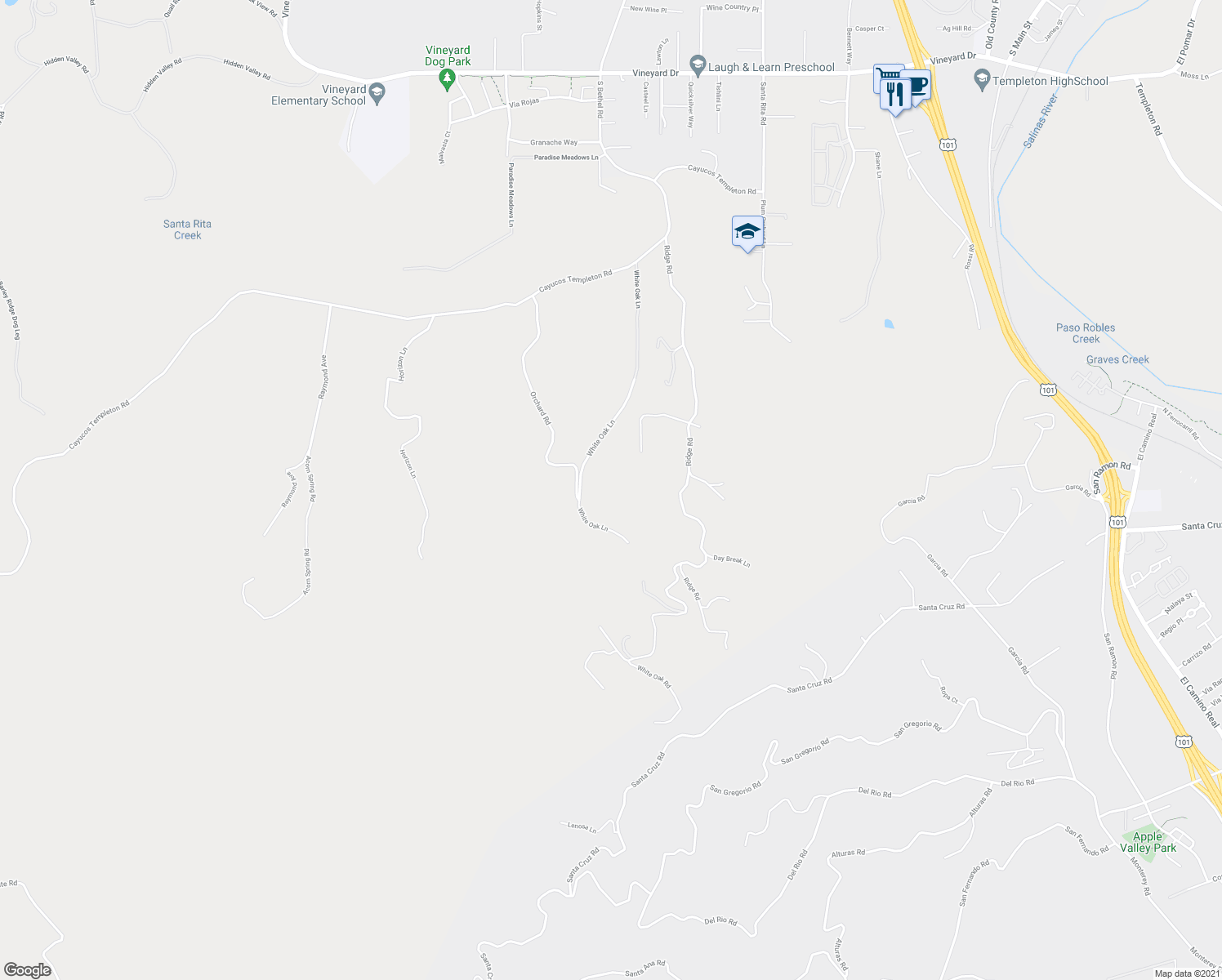 map of restaurants, bars, coffee shops, grocery stores, and more near 3330 Ridge Road in Templeton