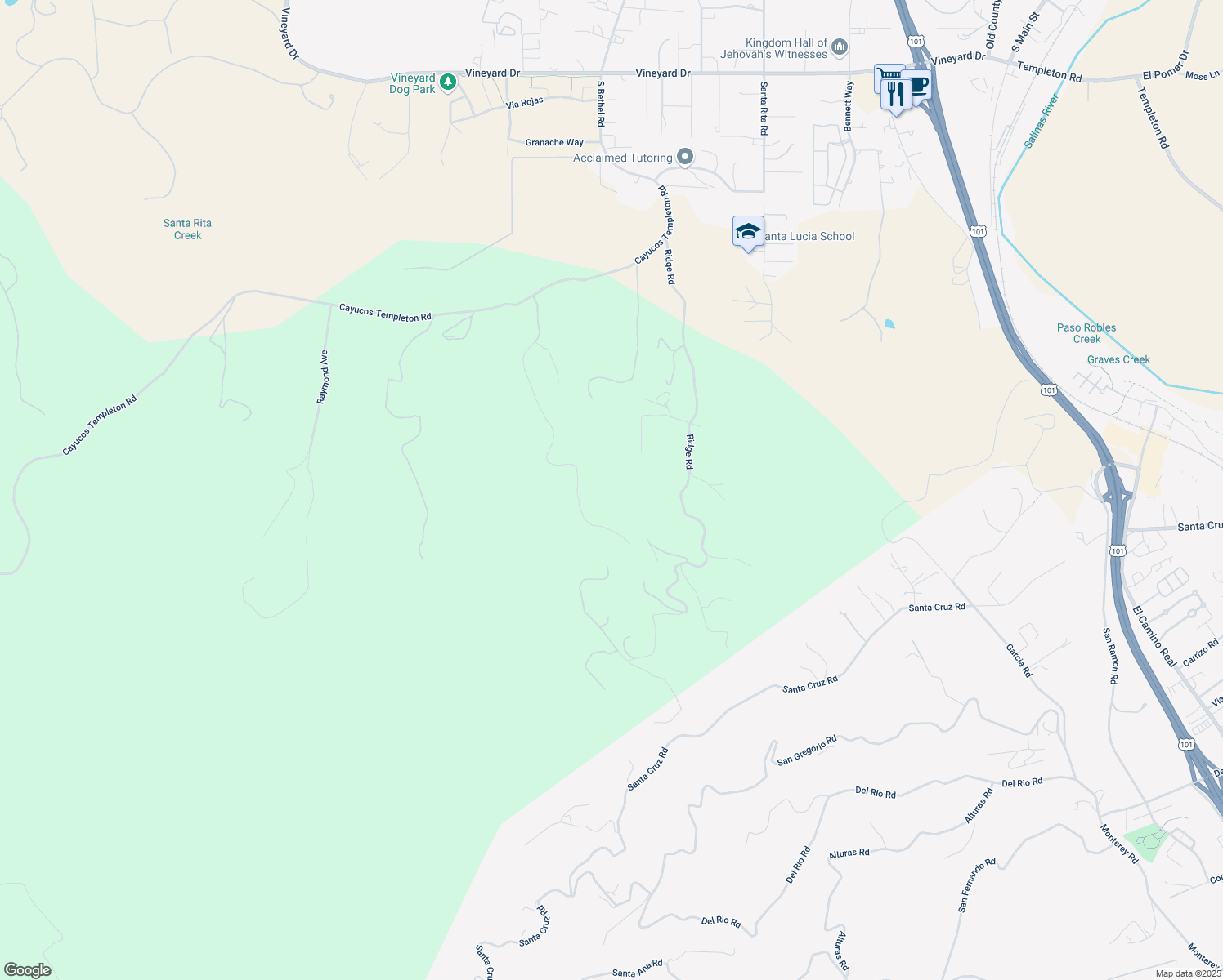 map of restaurants, bars, coffee shops, grocery stores, and more near 3330 Ridge Road in Templeton