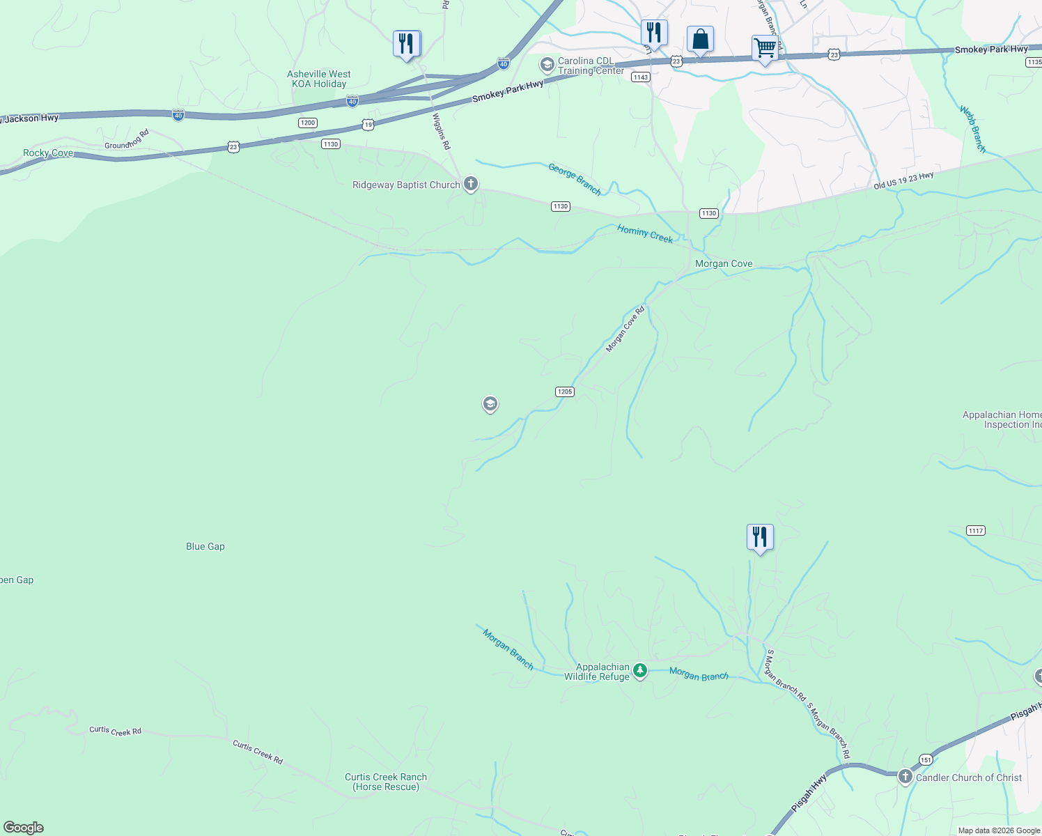 map of restaurants, bars, coffee shops, grocery stores, and more near 198 Morgan Cove Road in Candler