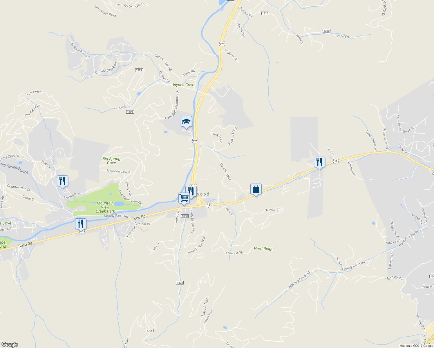 map of restaurants, bars, coffee shops, grocery stores, and more near 264 Clearview Drive in Waynesville