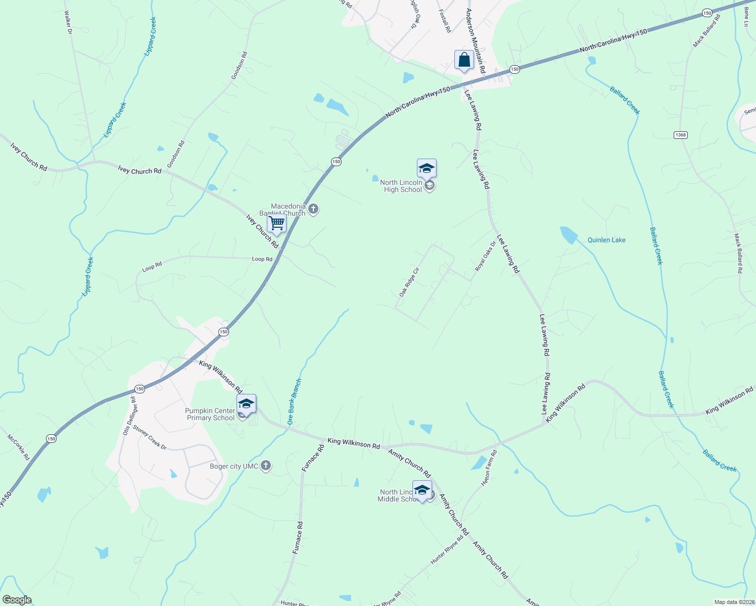 map of restaurants, bars, coffee shops, grocery stores, and more near 3262 Oak Ridge Circle in Lincolnton