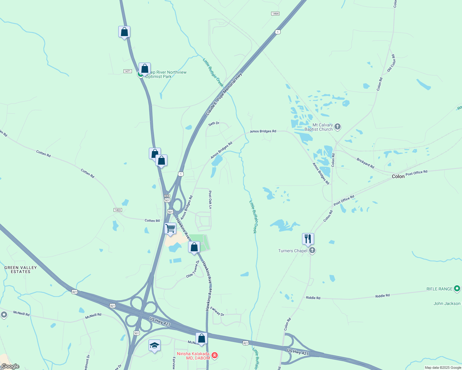 map of restaurants, bars, coffee shops, grocery stores, and more near 2702 Sunnybrook Drive in Sanford