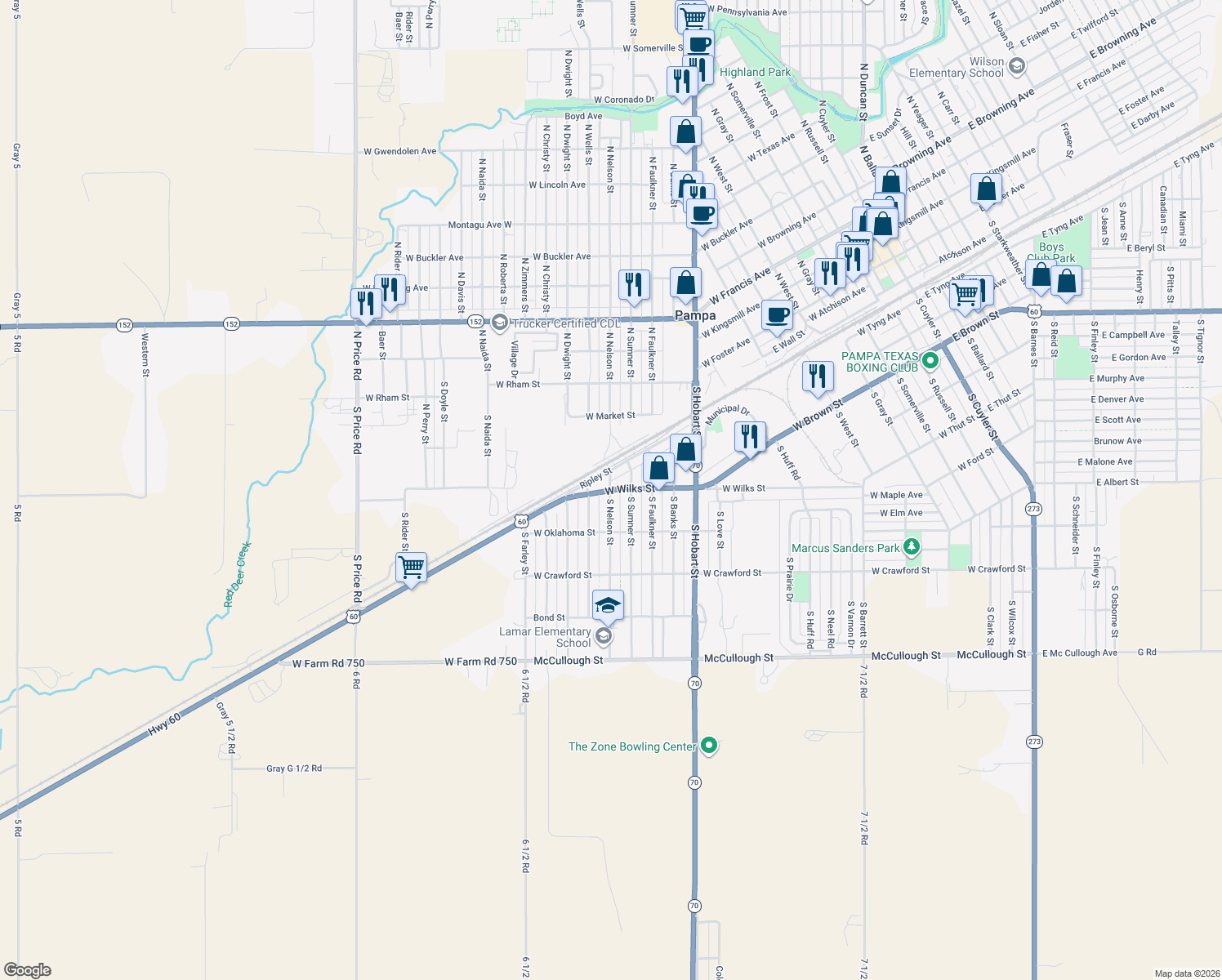 map of restaurants, bars, coffee shops, grocery stores, and more near 1298 West Wilks Street in Pampa