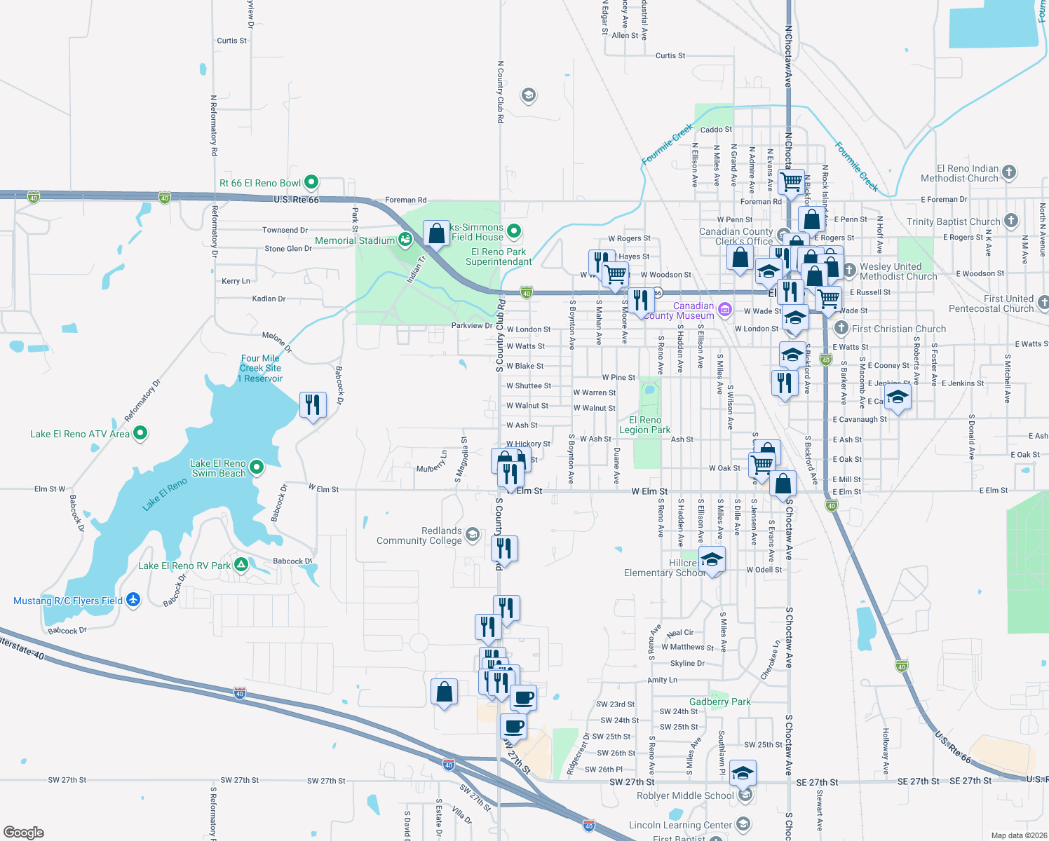 map of restaurants, bars, coffee shops, grocery stores, and more near 1500 West Ash Street in El Reno