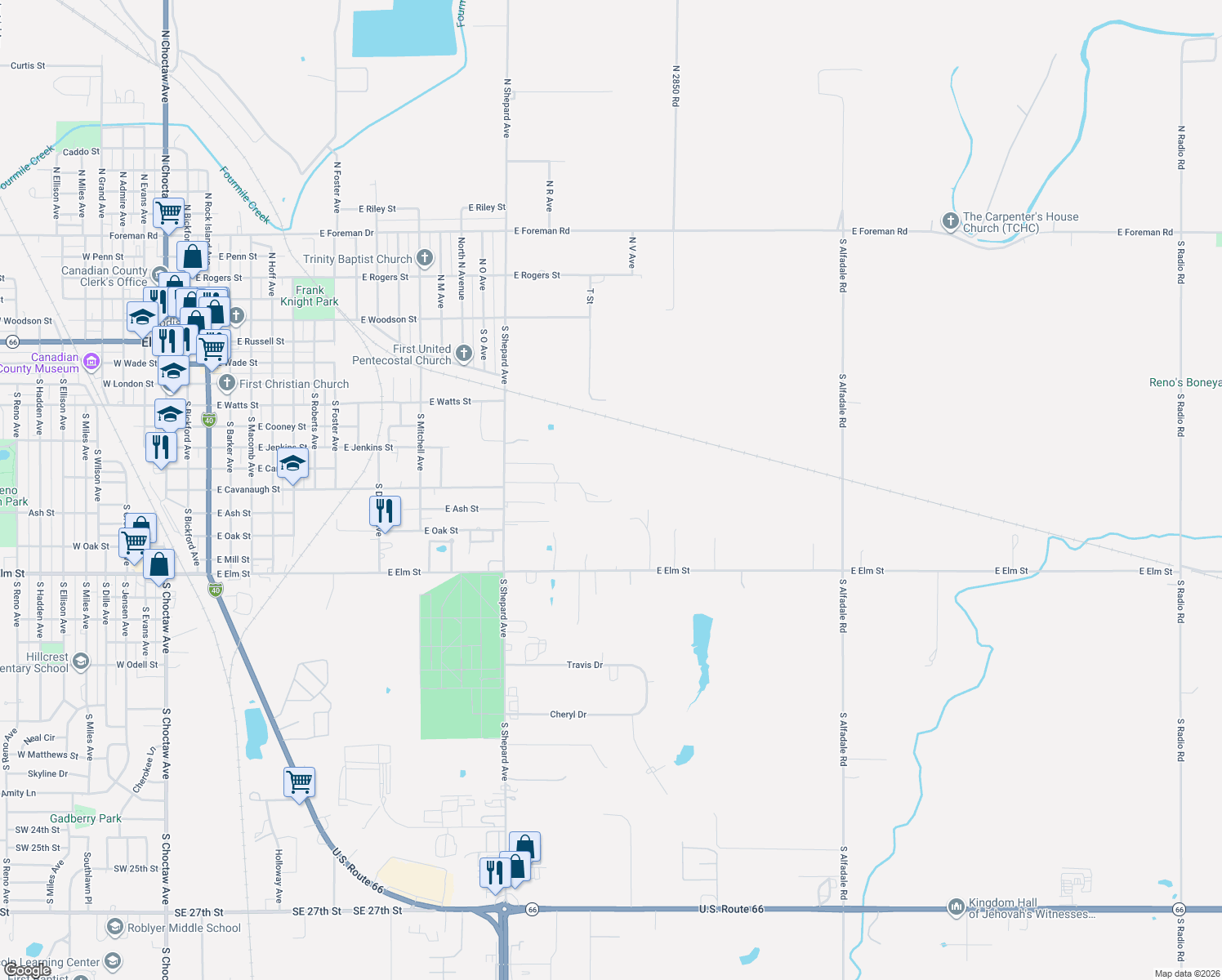 map of restaurants, bars, coffee shops, grocery stores, and more near 1820 East Cavanaugh Street in El Reno