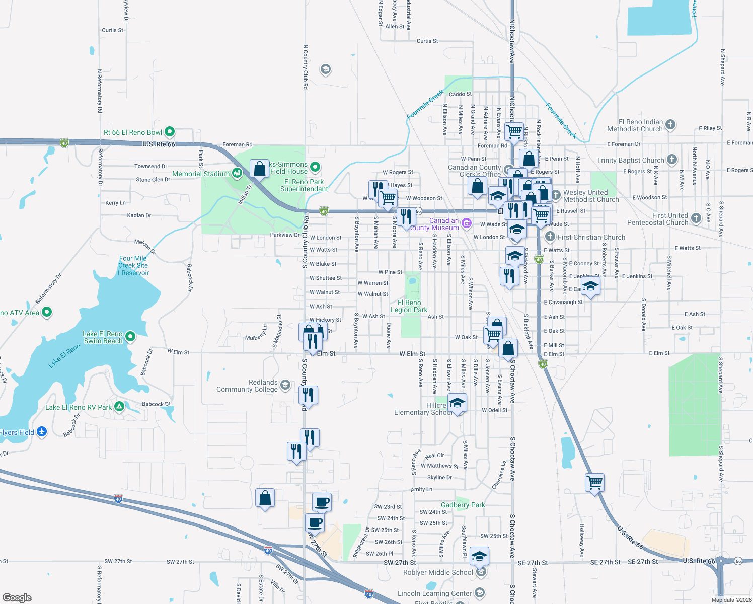 map of restaurants, bars, coffee shops, grocery stores, and more near 713 S Mahan Ave in El Reno