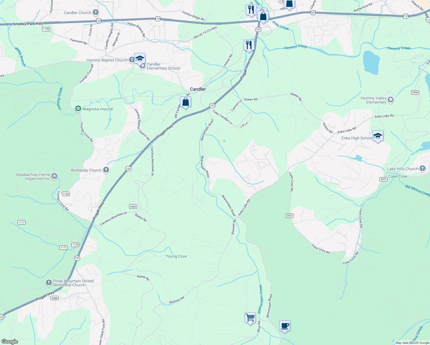 map of restaurants, bars, coffee shops, grocery stores, and more near 161 North Beaverdam Road in Candler