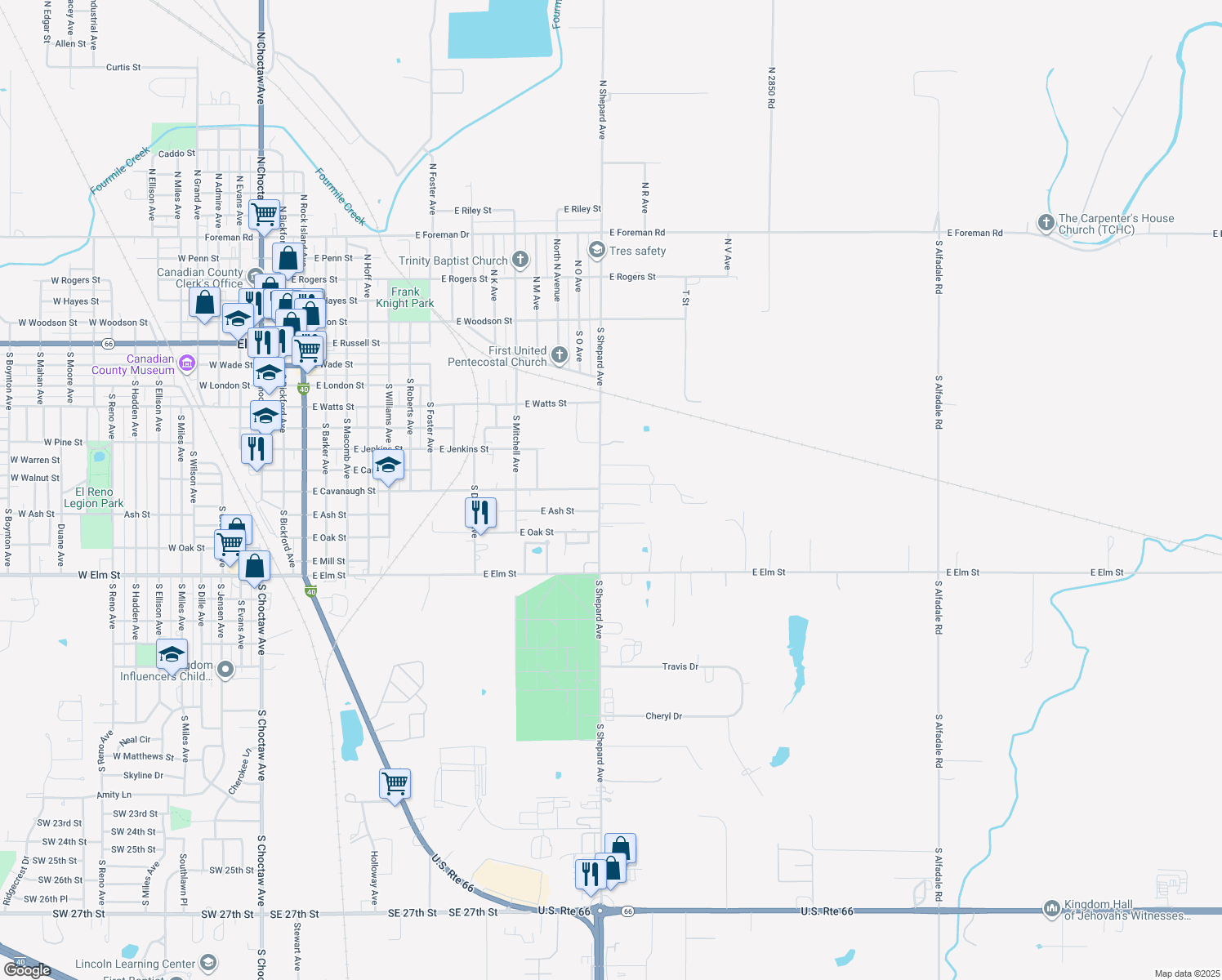 map of restaurants, bars, coffee shops, grocery stores, and more near 901 S Shepard Ave in El Reno