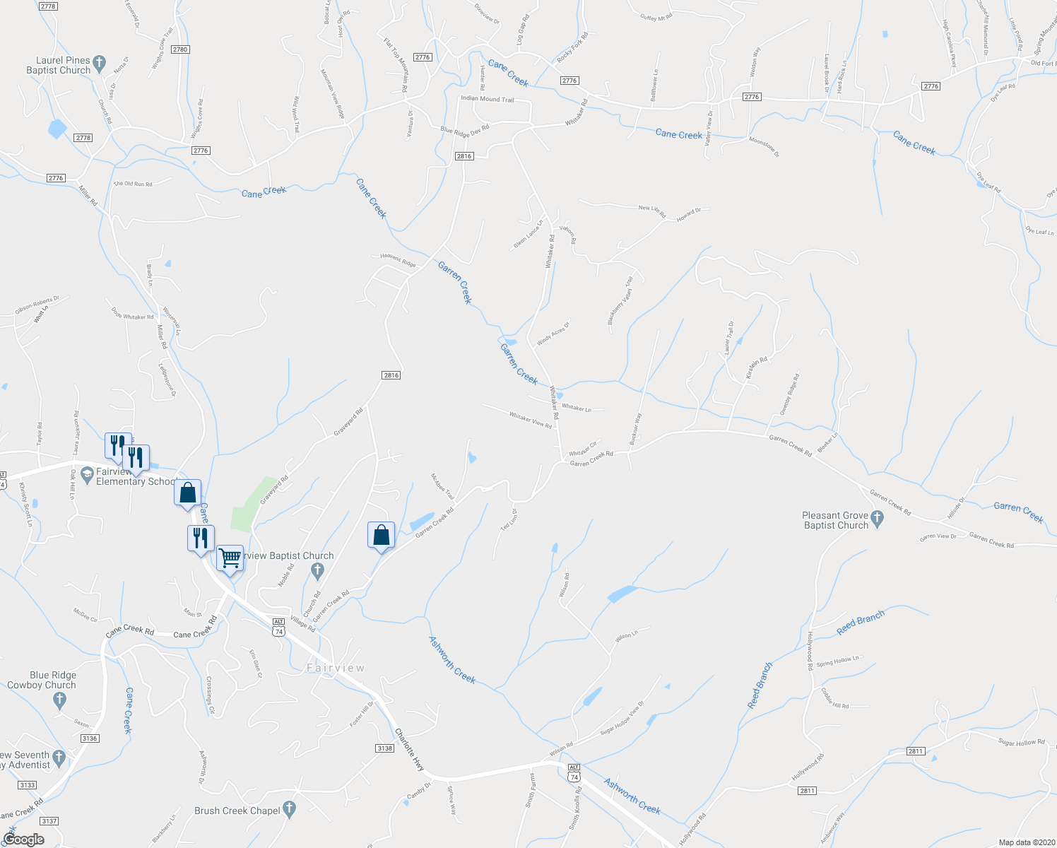 map of restaurants, bars, coffee shops, grocery stores, and more near 24 Whitaker View Road in Fairview