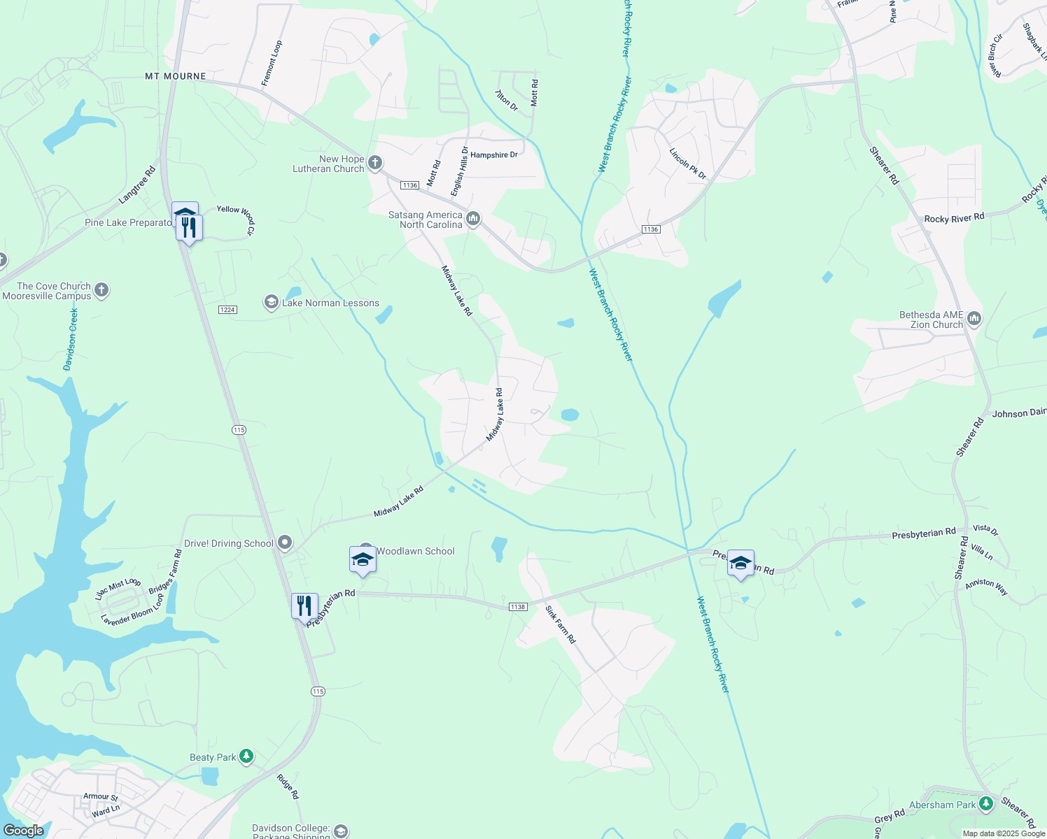 map of restaurants, bars, coffee shops, grocery stores, and more near 117 Tammy Drive in Mooresville